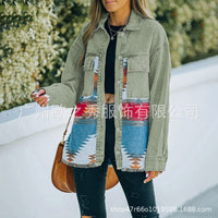 Autumn and Winter New Polo Neck Pocket Denim Panel Wool Coat Women's Vintage Jacket