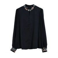 Spring Women Clothing Chiffon Shirt Stand Collar Embroidered Button New Chinese Style Fashion Elegant Long Sleeve Loose Tops