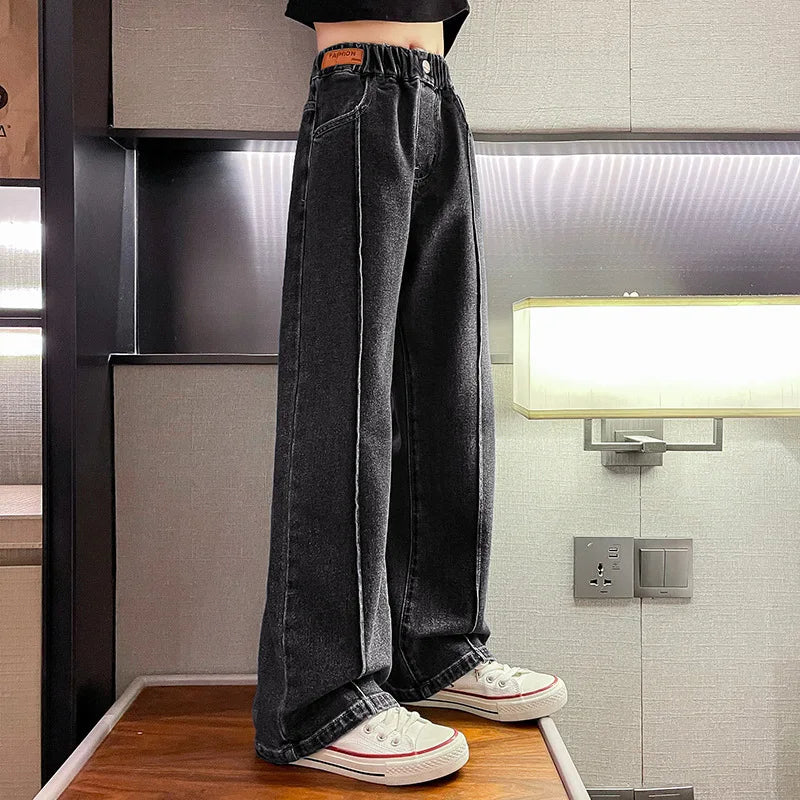 Wide Leg Jeans for Girls 6 8 9 10 11 12 14 Years Spring Autumn Loose Vintage Straight Retro Pants Fashion Teenage Kids Trousers