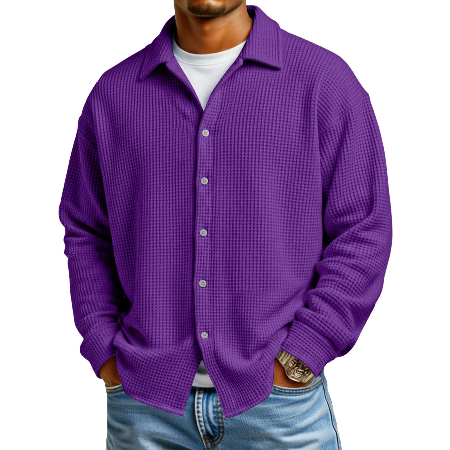 Men Casual Button Down Shirt Long Sleeve Collar Shirt Waffle Texture Loose Fit Fashion Men Top Trendy Outfit Daily Wear