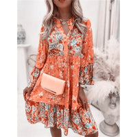 Elegant Beach Floral Print Women Dress Bohimian Loose Flare Sleeve Casual V Neck Dress Ladies Summer Fashion Patchwork Clothing