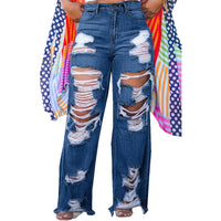Hole Jeans for Women Ripped Straight Pants Mid Waist Distressed Washed Pockets Vintage Denims 2025 Streetwear Female Trousers