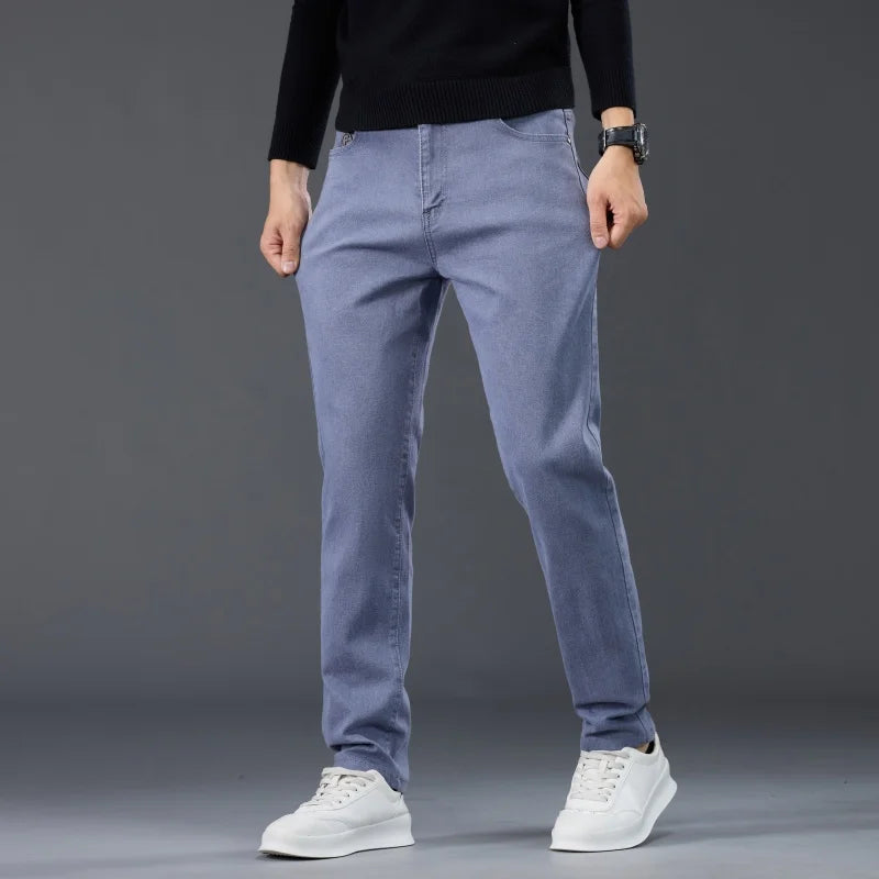 Male Brand Jeans Clothing Light Luxury Stretch Looes Fit Pants Comfortable Soft Business Fashion Straight Casual Denim Trousers