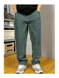 Embossed Trendy Workwear Jeans Men's Loose Straight Leg Retro Washed Trendy Casual Pants