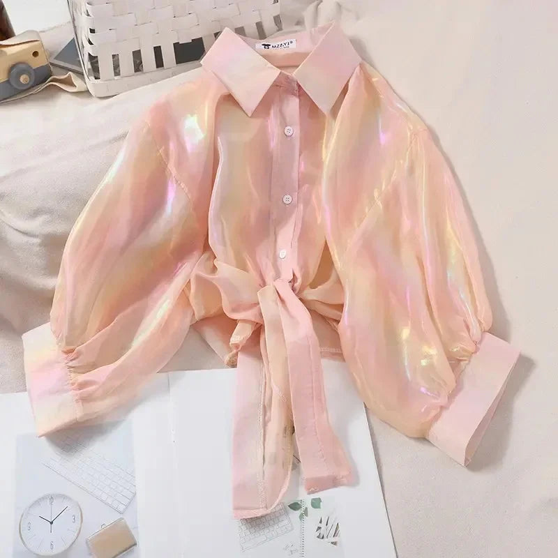 Button Up Shirts Women Half Sleeve Shining Sparkles Tied Waist Sexy Chiffon Blouses Shirts For Women Summer Spring