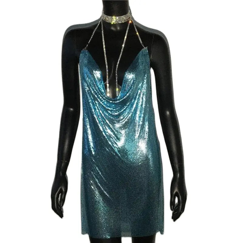AKYZO Sexy Gold Sequined Patchwork Mini Dress Women Sleeveless Low Cut Mega Mart Center AKYZO Sexy Gold Sequined Patchwork Mini Dress Women Sleeveless Low Cut Mega Mart Center