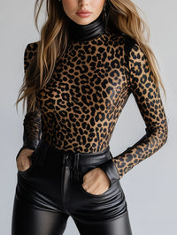 Women PU Leather Leopard Pattern High Neck Long Sleeve Blouse Slim Fit PU Clothes Leather T Shirt High Street Streetwear
