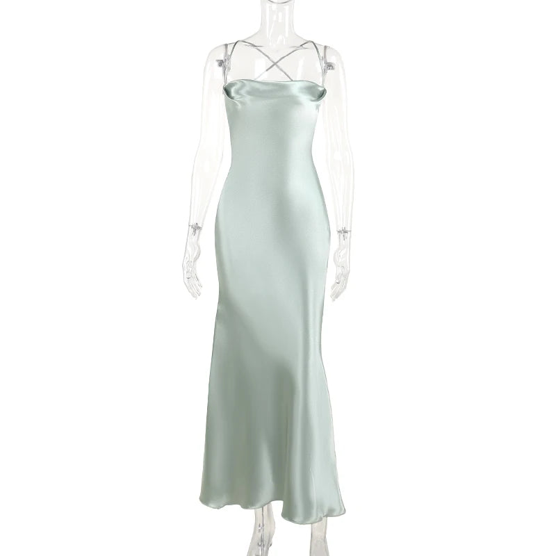 French Elegant Satin Camis Dress Summer Sexy Backless Spaghetti Straps Midi Dress Y2K Solid Sleeveless Party Night Vestidos