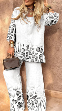 Fashion Leopard Print Set Lady Casual O Neck Three Quarter Tops+Wide Leg Pants Pieces Set For Woman Holiday Womens Clothing 2025