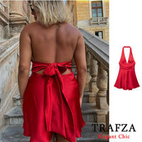 TRAFZA Sexy Solid Mini Women Dress Fashion 2024 Summer Satin Halter Bow Tie Dress Elegant Female Dress Beach Holiday Party Dress