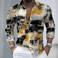 European and American style color-blocked geometric abstract print men's long-sleeved shirt, versatile top for spring and autumn