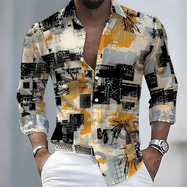 European and American style color-blocked geometric abstract print men's long-sleeved shirt, versatile top for spring and autumn
