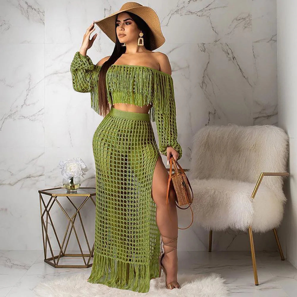 Skirt 2 Piece Set Women Beach Long Skirts Suit Top Off Shoulder Tassels Sexy Hollow Out Ensemble 2025 Summer Female Outfits