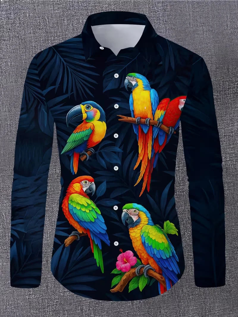 New men's fashionable 3D dragon print shirt casual long sleeved animal button design fashionable shirt top