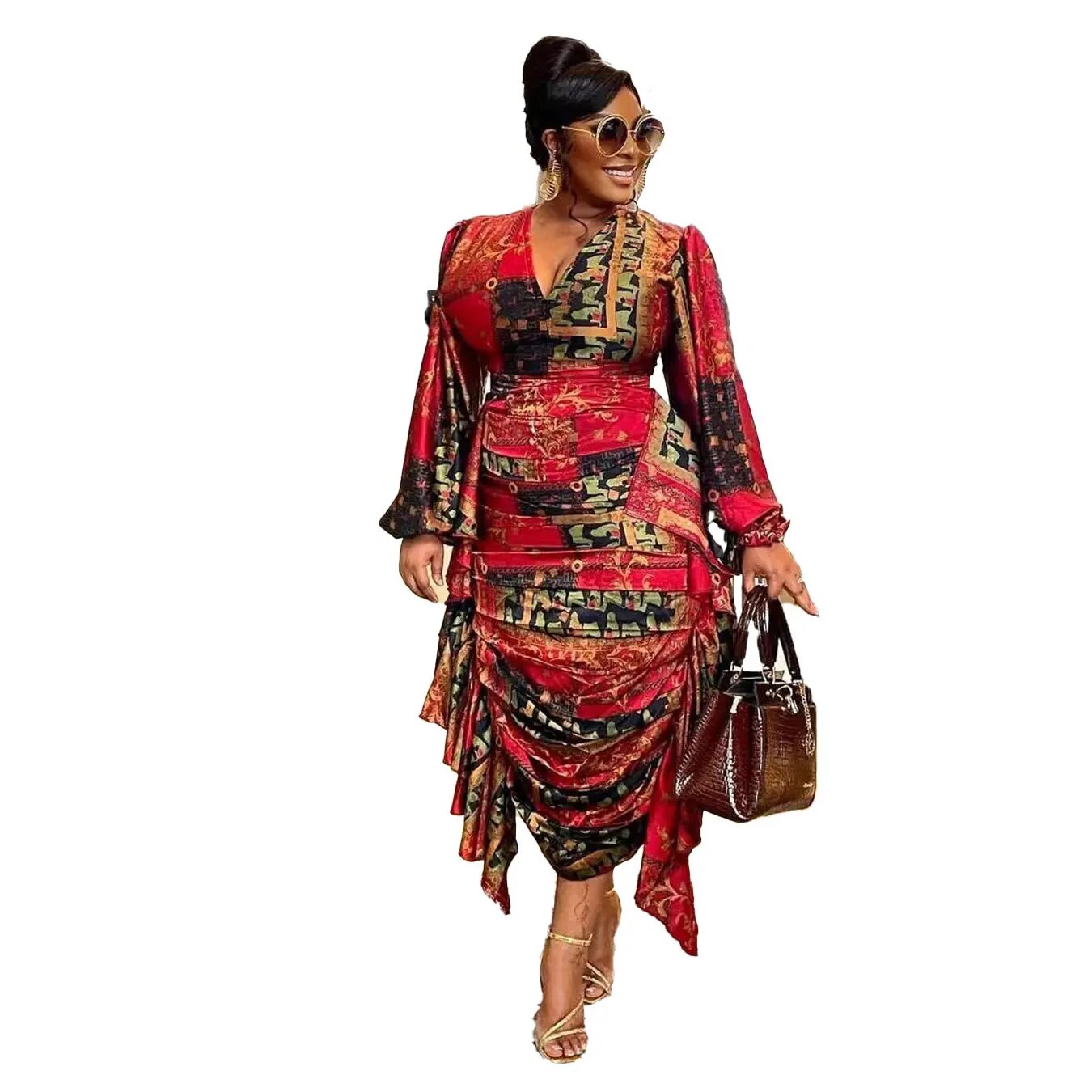 Autumn African Print Dresses for Women Elegant African Long Sleeve V-neck Polyester Red Yellow Orange Long Dress African Clothes