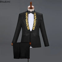 2025 Men's Stage Costume Suit Sets 2PCS Fashion Luxury One Button Sequin Embroidery Suit Jacket+Pants Male Singer Host Clothes