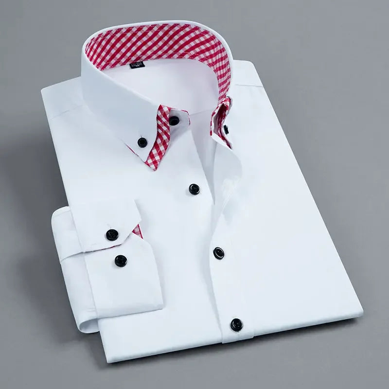 Mens Dress Shirt Long Sleeve Non Iron Fashion Double Layer Business Formal Regular Fit Office Camisa Social Solid Button Shirts
