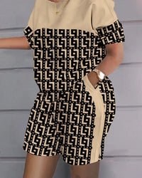 Women Print Two Piece Shorts Sets Matching Sets Short Sleeve T Shirts Pockets Elastic Waist Trousers Y2k Tops Suits Summer 2025