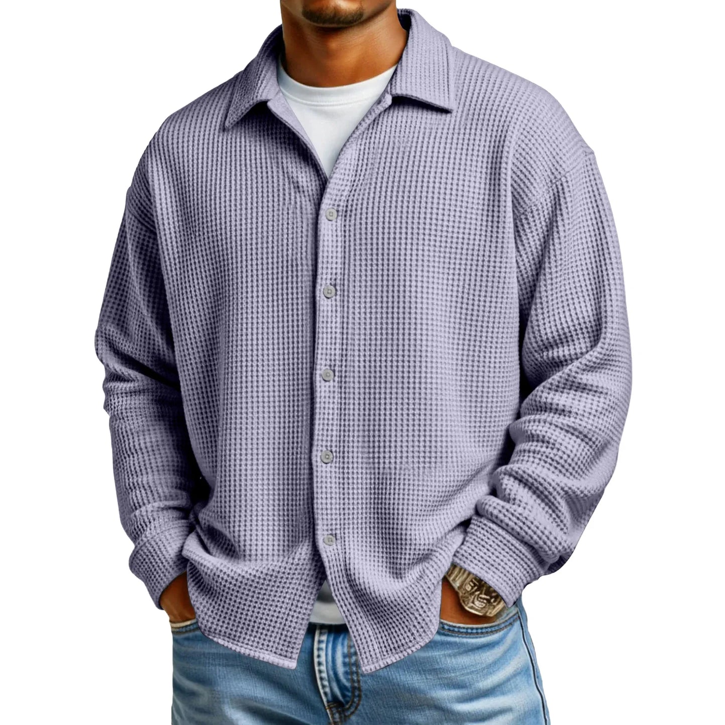 Men Casual Button Down Shirt Long Sleeve Collar Shirt Waffle Texture Loose Fit Fashion Men Top Trendy Outfit Daily Wear