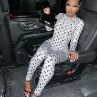 Retro Jumpsuit Women Sexy Slim Fit Moon Print Long Sleeve Tight Leggings Round Neck Versatile Casual Wear Autumn Fashion
