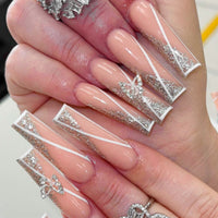 24pcs False Nails with glue flower design Long Coffin French Ballerina Fake Nails Full Cover acrylic Nail