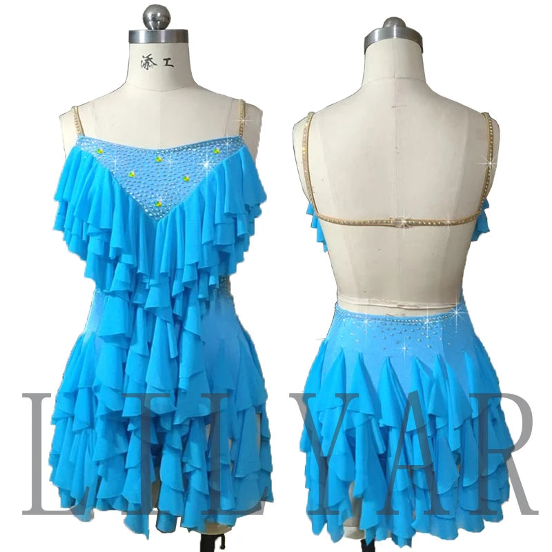 New Latin  Competition Performance  Adult Custom Children's Purple Tassel Backless Dance Skirt Blue Pleated Skirt