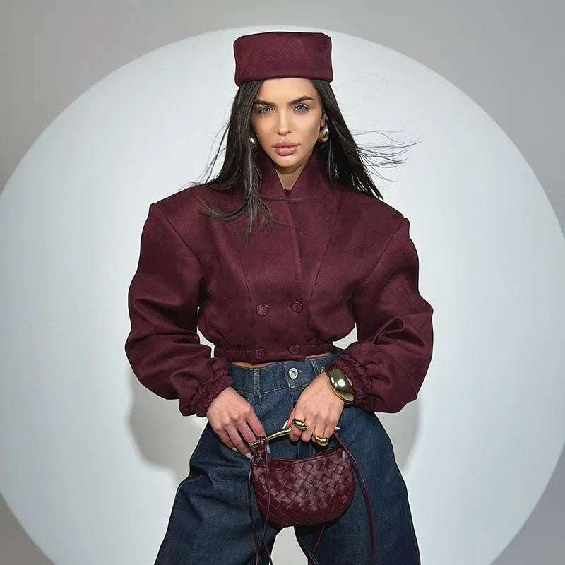 Women's Solid Color Long Sleeved Fashionable Wine Red Slim Fit V-neck Double Breasted Long Sleeved Top for Spring 2026