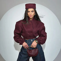 Women's Solid Color Long Sleeved Fashionable Wine Red Slim Fit V-neck Double Breasted Long Sleeved Top for Spring 2026