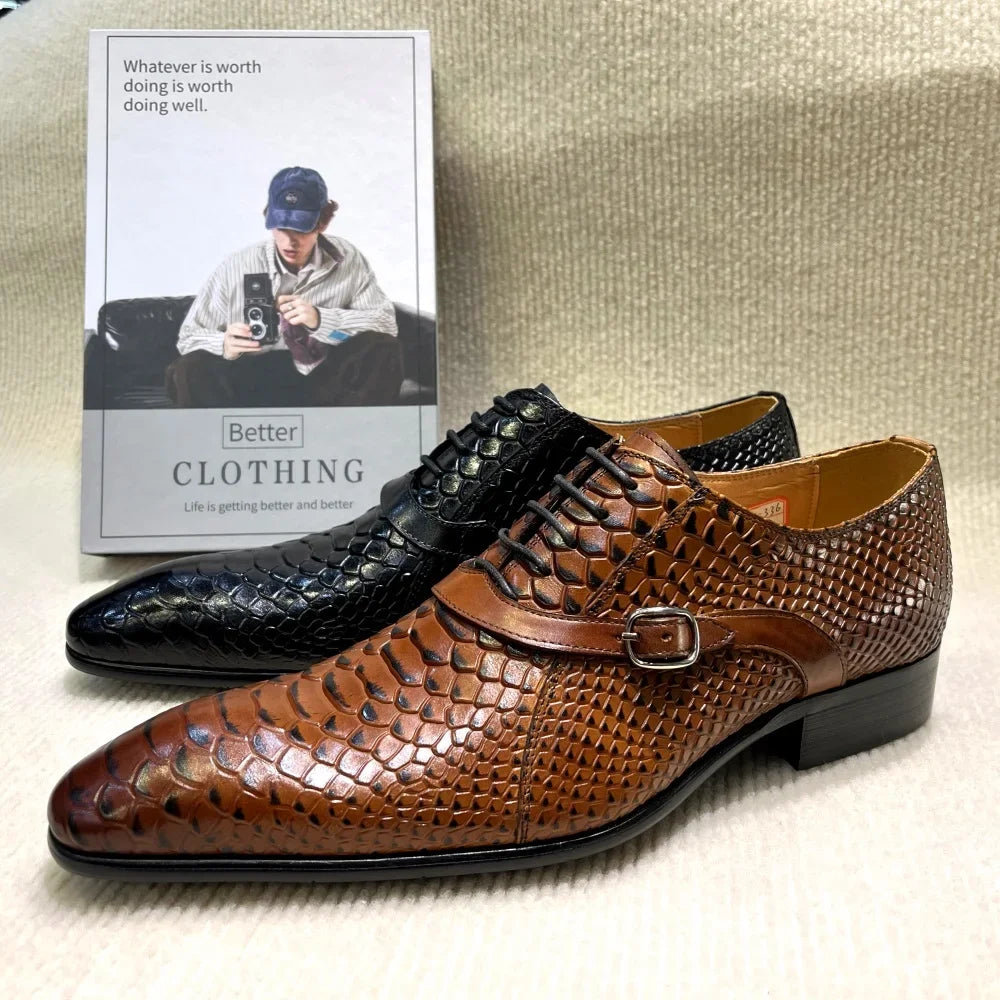 Men's Handmade Italian Style Genuine Leather Dress Shoes Pointed Toe Python Pattern Wedding Oxford Business Shoes