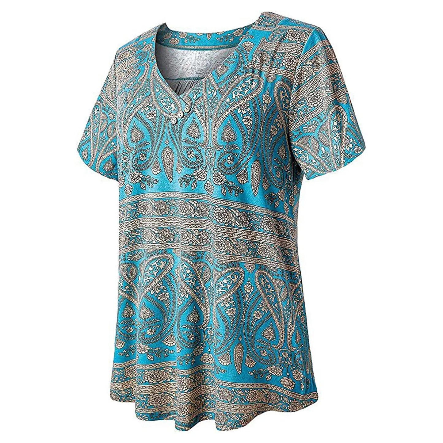 Vintage Floral Pleated Tunic Tops Summer Women'S Boho Print Casual Short Sleeve Button Shirt 2023 Summer Loose Pullover Blusas