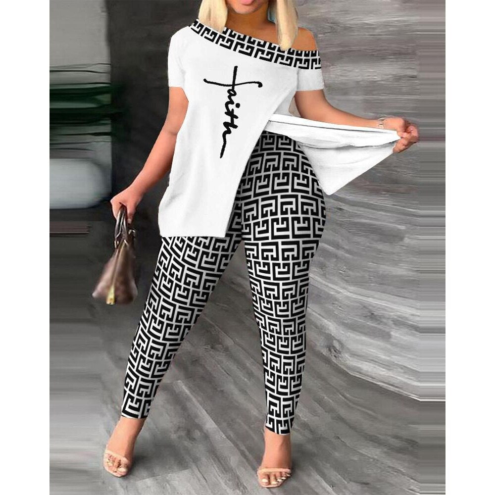 Women's Summer Fashion Geometric Print Short Sleeve Suit Set Femme Casual Sporty 2Pcs Set One-Shoulder Split Hem Tops &Pants Set