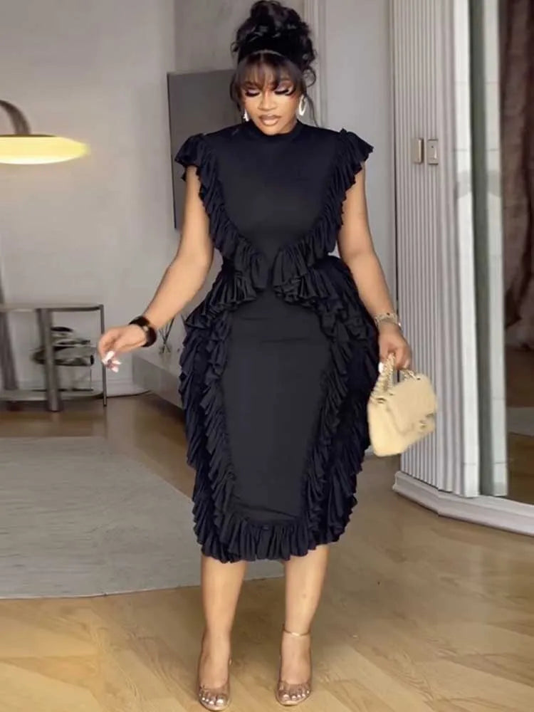 Female Clothing Slim Tank Top Dress Round Neck Casual Elegant Long Black Dress Ruched Knee Length Summer Dress Ladies