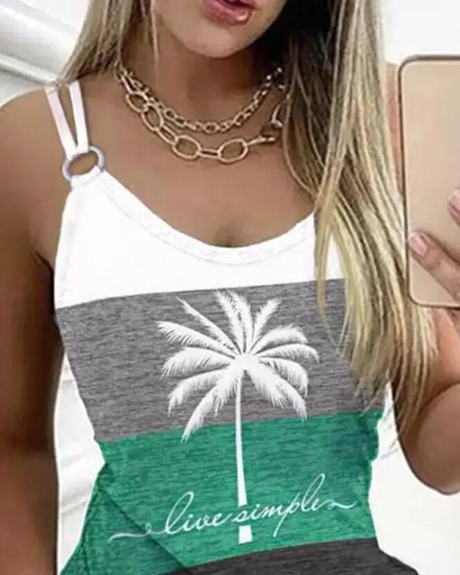 Women Dresses 2023 Summer Fashion Coconut Tree Print Colorblock Casual V-Neck Sleeveless Pocket Design Daily Vacation Mini Dress