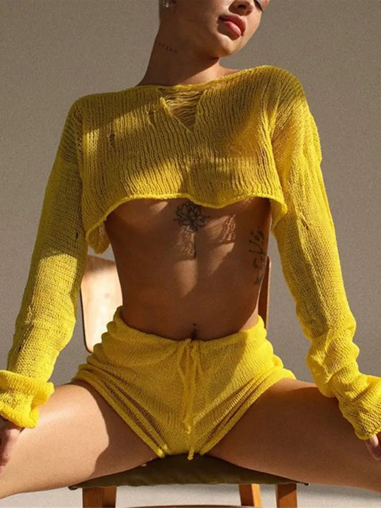 2023 Sexy Beach Crop Top Shorts Sets Women Knit Long Sleeve Lace Up Female Suit Summer Holiday See Through 2 Piece Set Womens