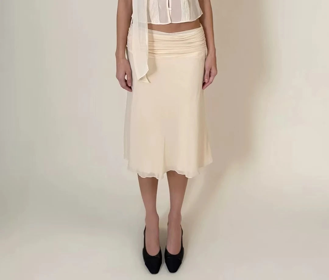 Guiz Apricot Silk Scarf Ribbon Chiffon Shirt Semi-Transparent High-Waist Waist-Cinching Top Low-Waist Pleated Skirt