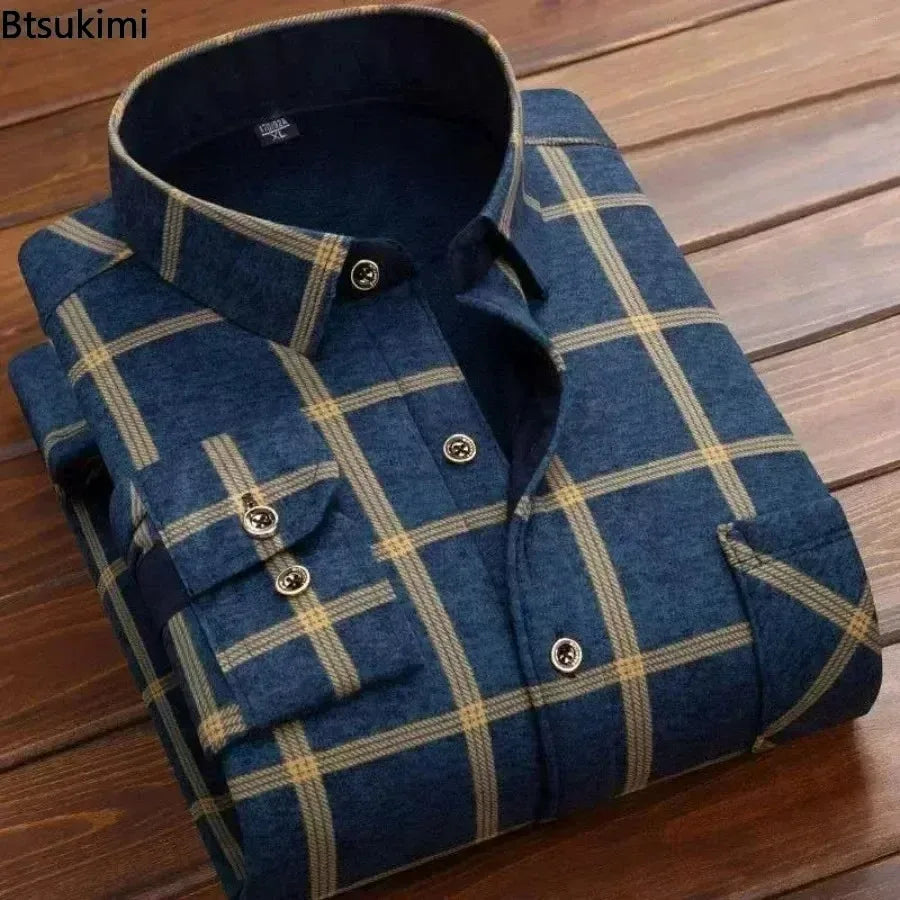 2025 Men's Autumn Winter Casual Long Sleeve Plaid Shirt Thick Warm Men's Casual High Quality Soft Large Size Warm Shirt Tops 4XL