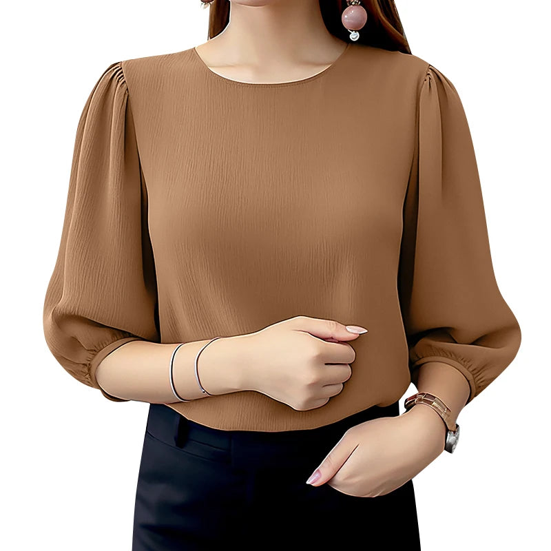 ZANZEA Women Crinkled Texture Puff Sleeve Blouse, Elegant O Neck 3/4 Sleeve Blusas Mujer, Summer Fashion Solid Color Casual Tops