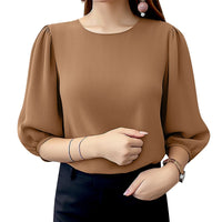 ZANZEA Women Crinkled Texture Puff Sleeve Blouse, Elegant O Neck 3/4 Sleeve Blusas Mujer, Summer Fashion Solid Color Casual Tops