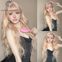 Blonde Unicorn Synthetic Long Wavy Wig Ombre Purple to Blue for Woman Cosplay Halloween Wigs Heat Resistant Fiber Bangs Hair