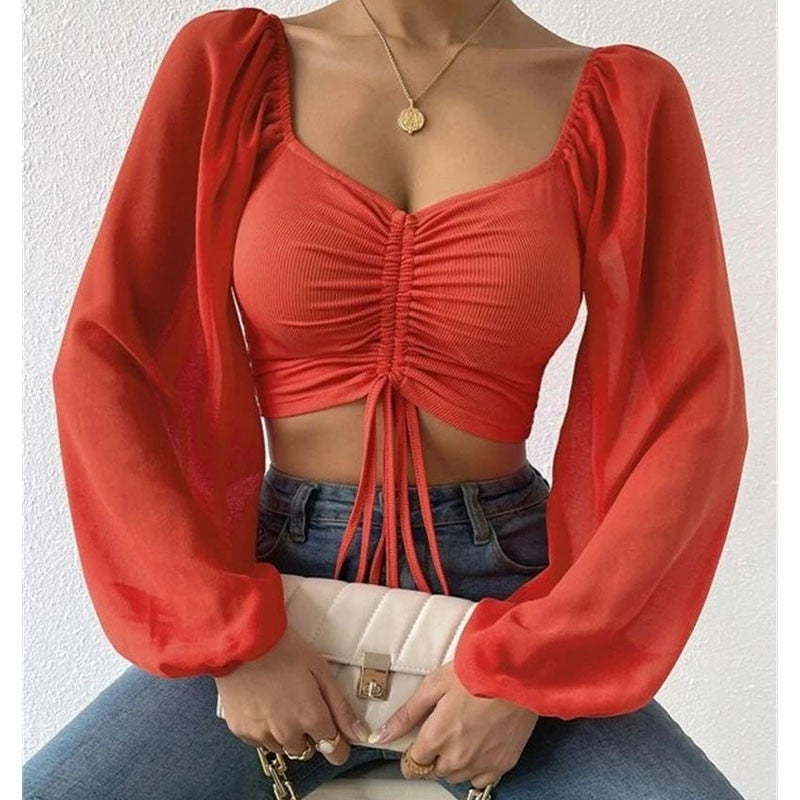 Chiffon Drawstring Crop Top Women Spring Summer Lantern Sleeve V-Neck Fashion Blouses Hight Street Skinny Sexy Shirt Y2K Clothes