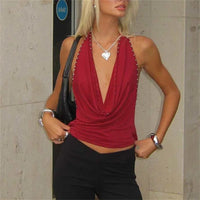 Halter Tops for Women Studded Slim Fit Open Back Draped Front Sleeveless Going Out Top Vest Party Outfits Summer Streetwear