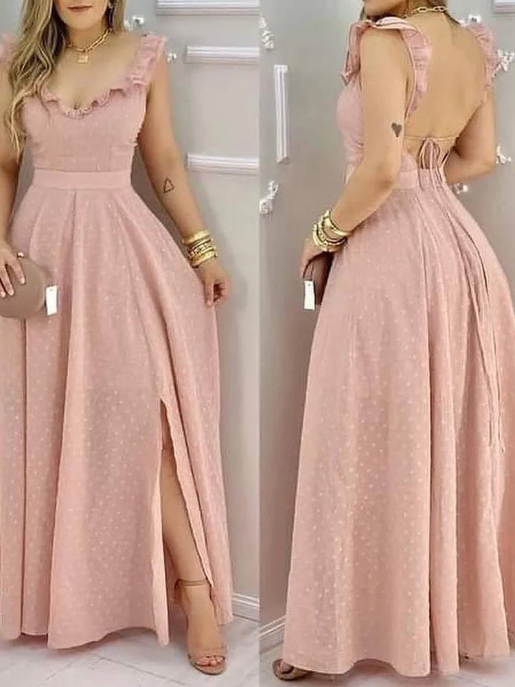 Women's Yellow Polka Dot Maxi Dress Ruffled Neckline Back Tie Side Slit Ideal for Summer Vacations and Bohemian Gatherings