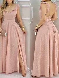 Women's Yellow Polka Dot Maxi Dress Ruffled Neckline Back Tie Side Slit Ideal for Summer Vacations and Bohemian Gatherings