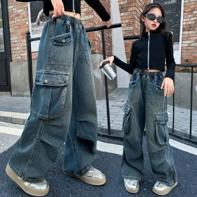 Autumn Winter New Ladies Cargo Jeans American Street Style Baggy Cargo Pants Women Blue Multi-pocket Wide Leg Jeans for Women