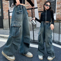 Autumn Winter New Ladies Cargo Jeans American Street Style Baggy Cargo Pants Women Blue Multi-pocket Wide Leg Jeans for Women