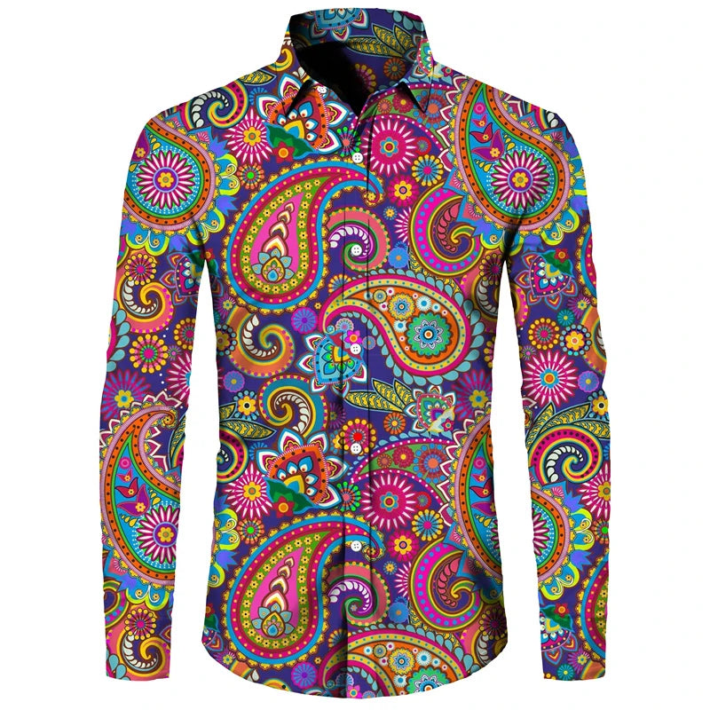 Men's Long Sleeved Button Up Shirt Autumn Comfortable Lapel Shirt Retro Ethnic Style Mens Long Sleeved Trend Street Men Clothing