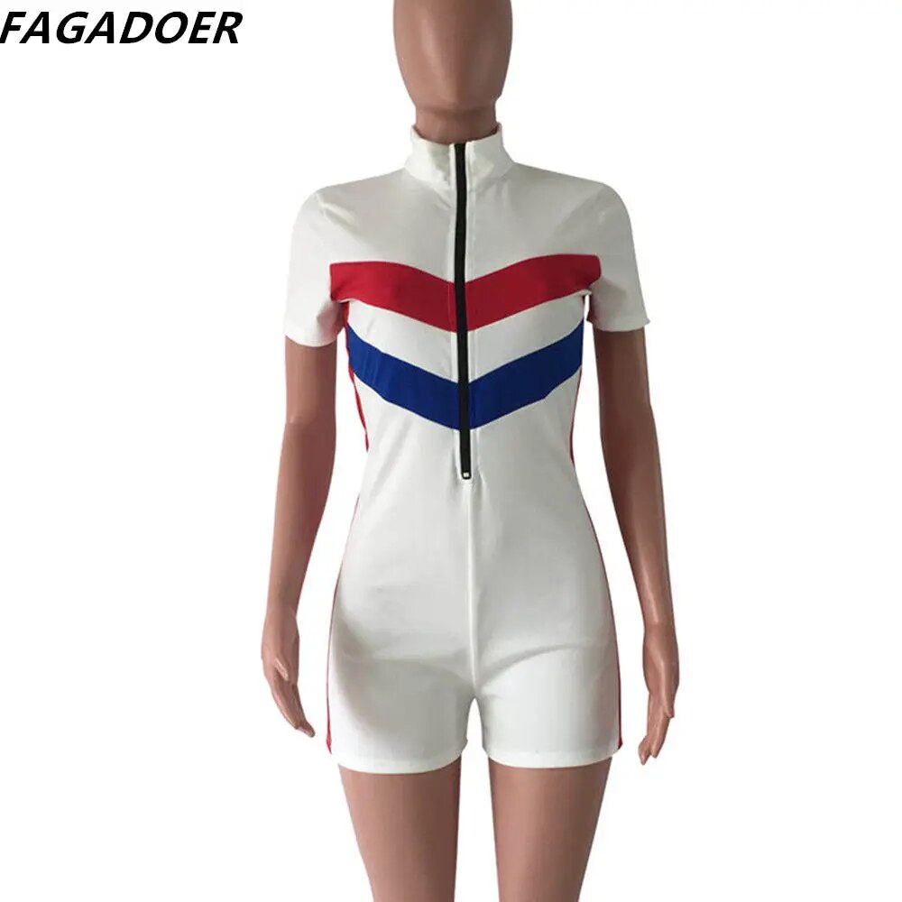 FAGADOER Sport Women Rompers Zipper Bodycon Jumpsuit Striped Patchwork Casual Slim Overalls Short Sleeve Streetwear Playsuits