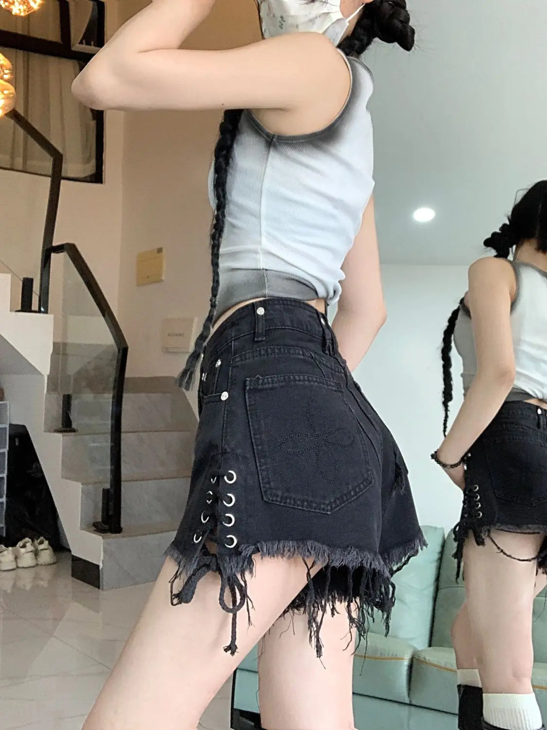 Sweet and Spicy Denim Shorts for Women New Style Design Burrs Strap Straight Pants