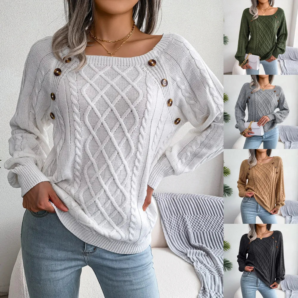 2023 Autumn and Winter Casual Square Collar Sweater Women Buttoned Twist Knitted Pullover Sweaters Pullover