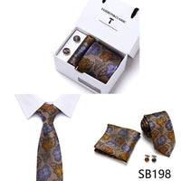 High Quality 7.5 cm Stripe Blue Tie Pocket Square Cufflinks Set For Men Gift Box Wedding Gravatas Fit Workplace